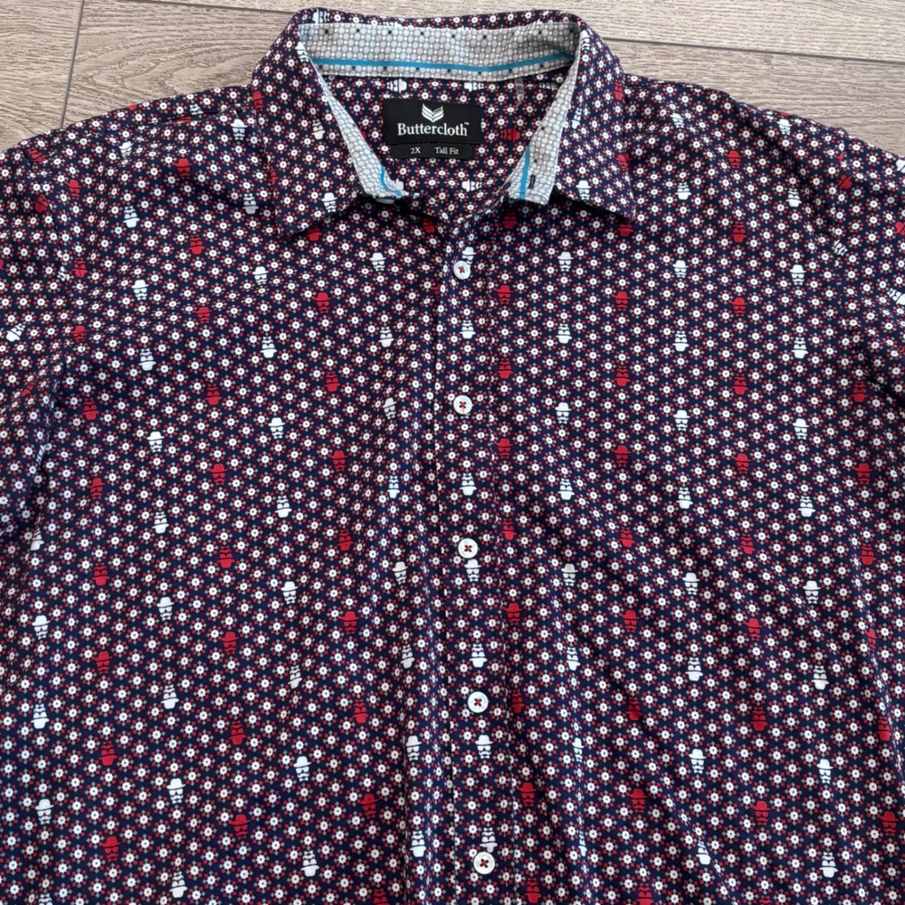 Buttercloth Button Down Shirt Mens 2X Tall Navy Red Geometric Mustache Print SS
